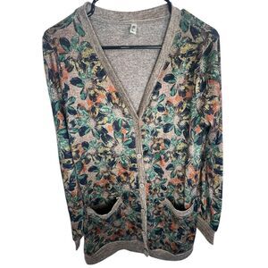 Grecerelle Floral Pattern Half Button Up Cardigan Sweater With Pockets
